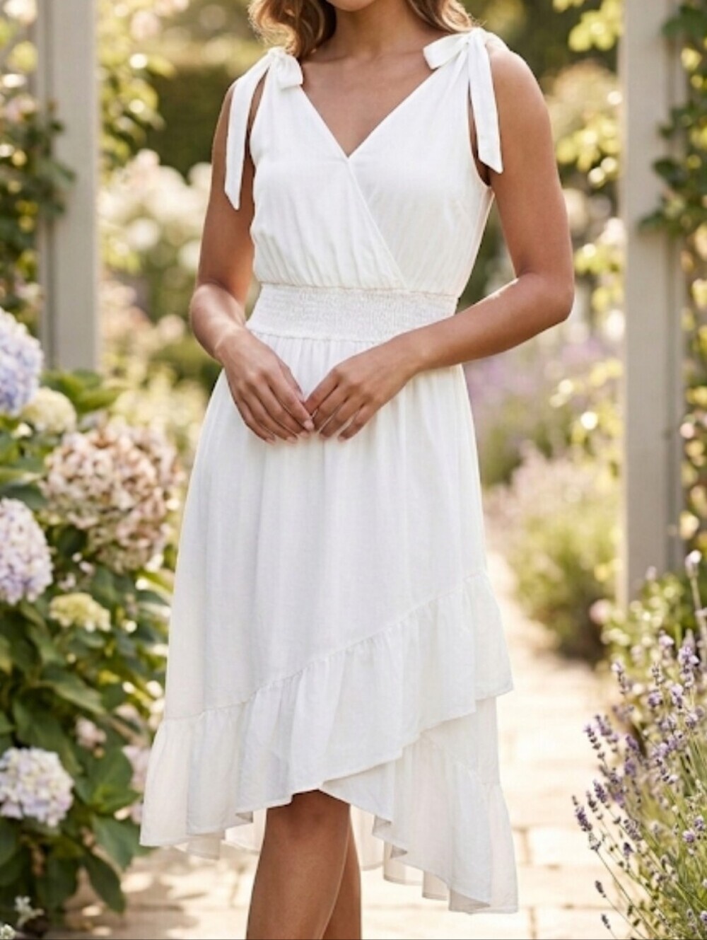 Jasambac White Tie Shoulder Midi Dress Asymmetrical Ruffled Hem L Smocked Waist